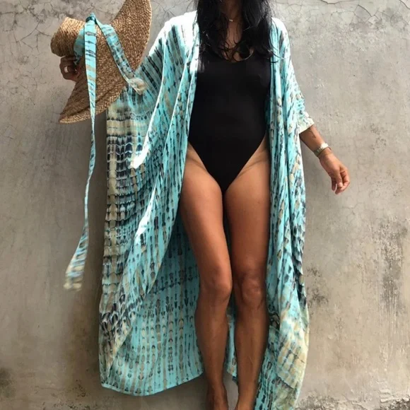 Turquoise Tie Dye Boho Swim Coverup Kimono Robe - Picture 8 of 9